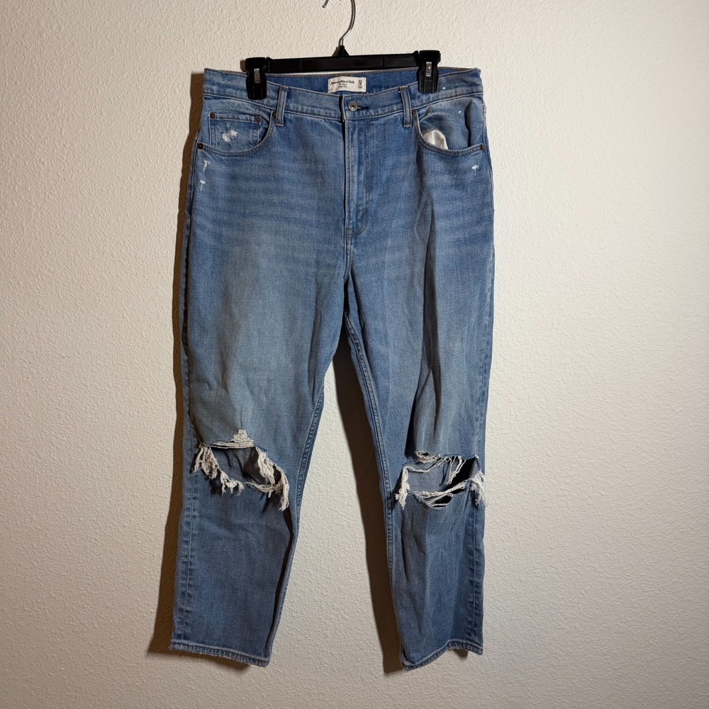 Abercrombie & Fitch The Mom High Rise Tapered Jeans Womens 32x14 Blue Distressed